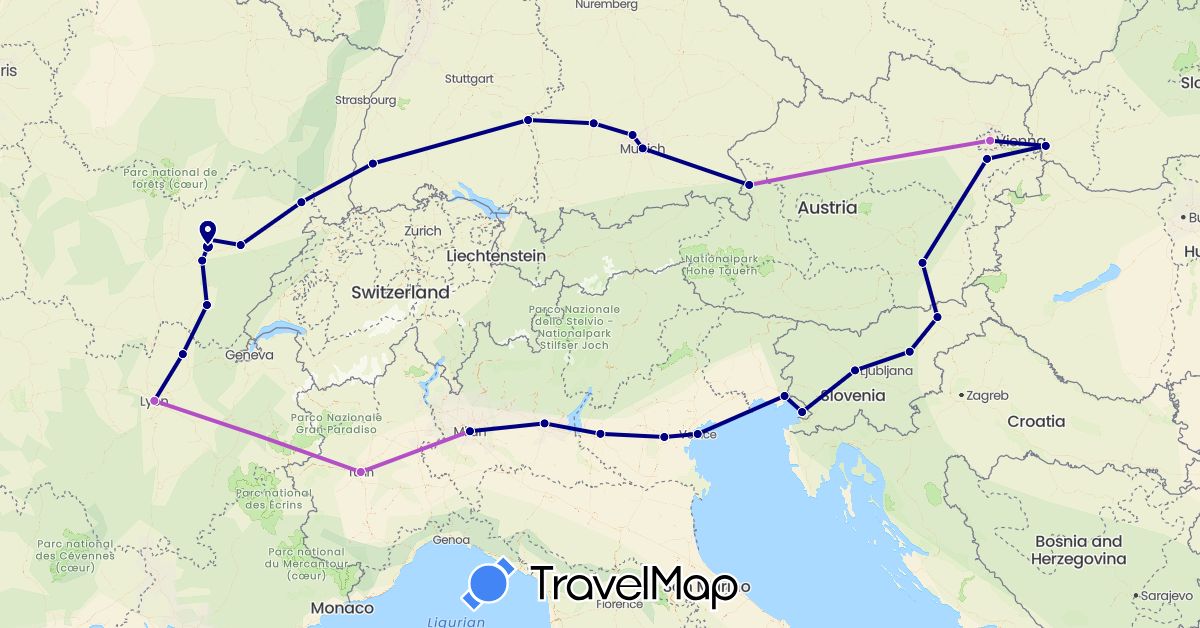 TravelMap itinerary: driving, train in Austria, Germany, France, Italy, Slovenia, Slovakia (Europe)